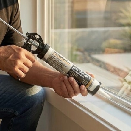 Man applying caulk around a window frame with a caulk gun to seal air leaks