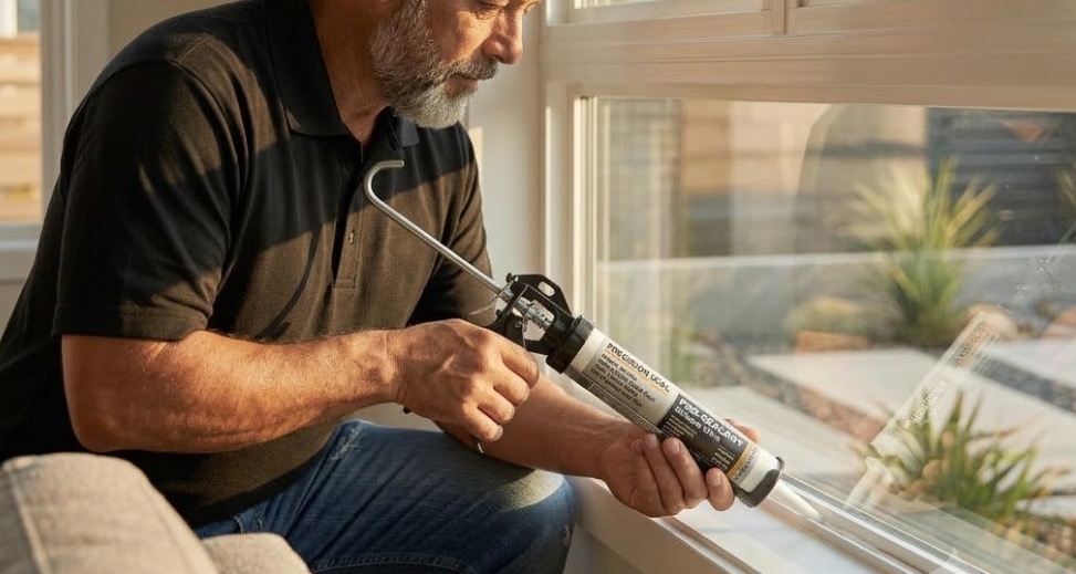 Man applying caulk around a window frame with a caulk gun to seal air leaks