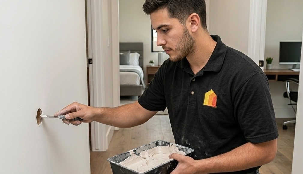 Handyman patching a hole in drywall with a putty knife and joint compound