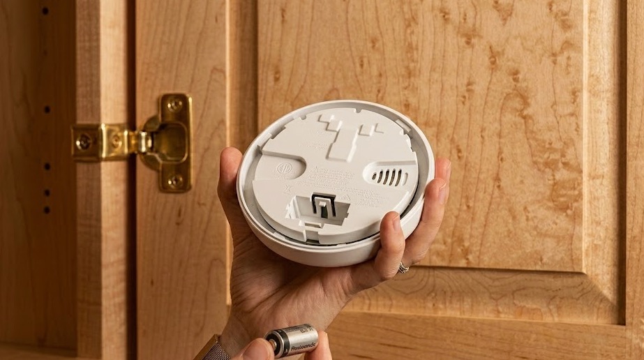 Hand holding a smoke detector removed from its ceiling mount
