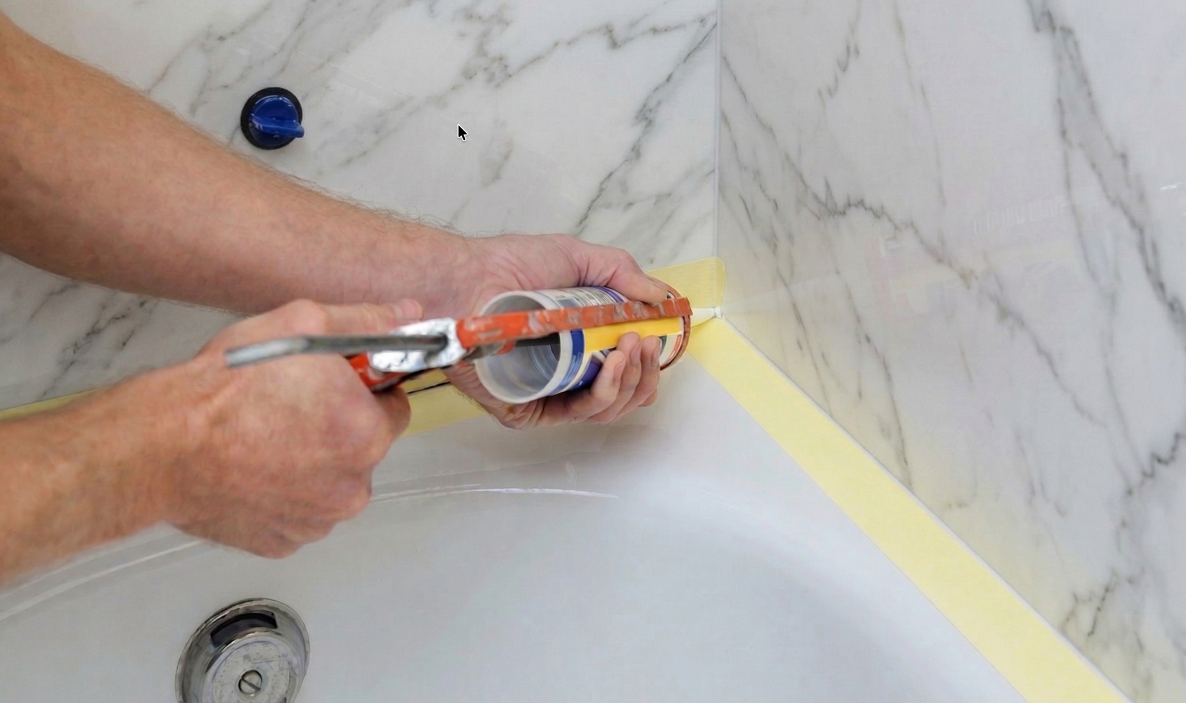 Applying a fresh bead of caulk along a bathtub edge with a caulk gun and painter's tape