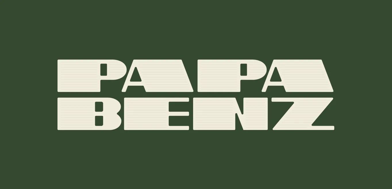 Beiges Papa Benz Logo auf grünem Hintergrund