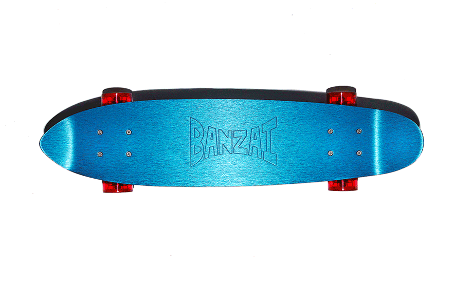 Blaues Skateboard mit roten Rollen als Produkt der BANZAI Kollektion