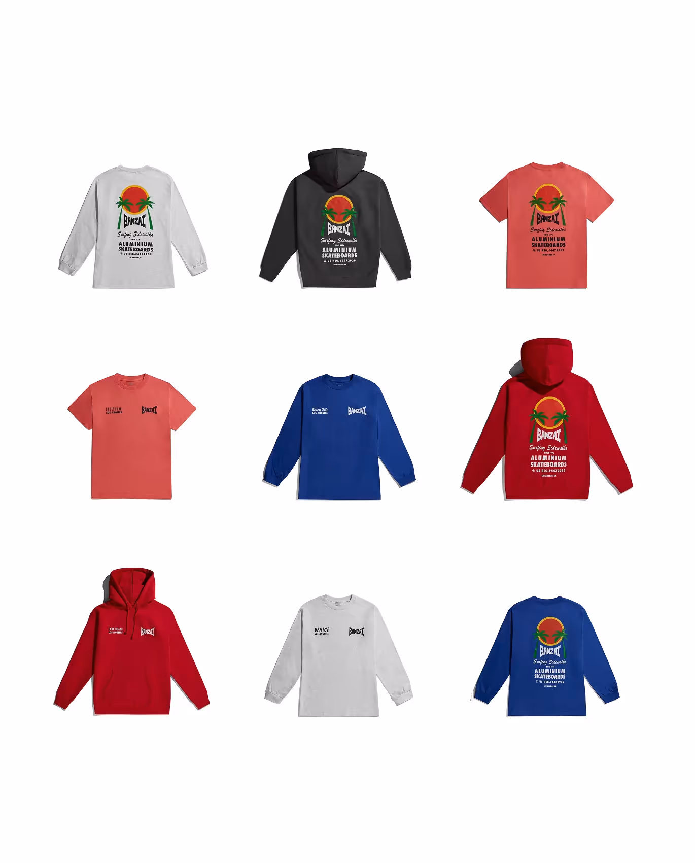 Mehrere Hoodies und T-Shirts mit Prints aus der BANZAI Kollektion