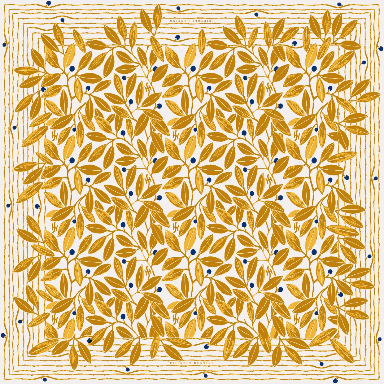 Dichtes Muster aus goldenen Blättern mit kleinen blauen Akzenten auf hellem Hintergrund