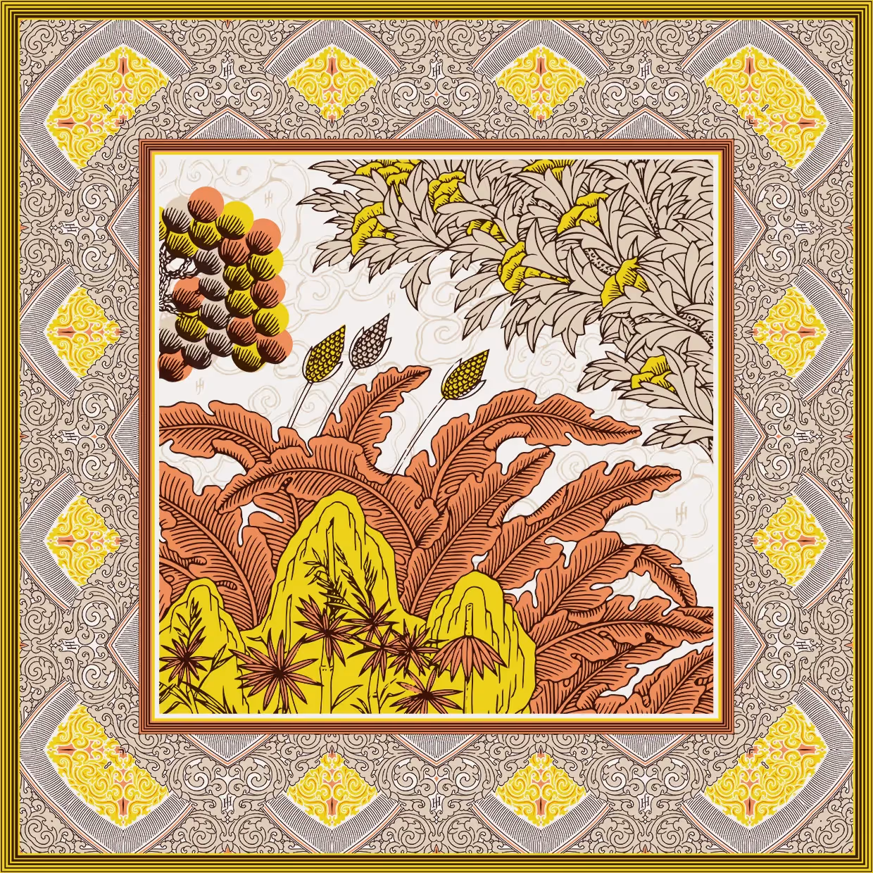 Quadratisches Motiv mit exotischer Landschaft, Pflanzen und Früchten, umrahmt von ornamentalem Muster