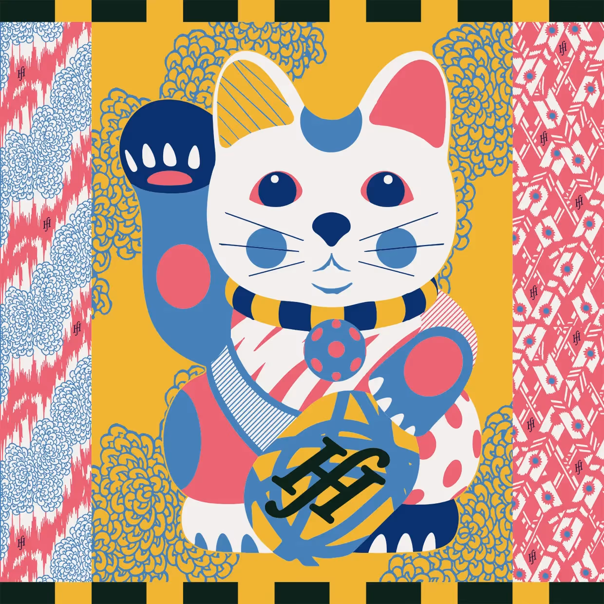 Illustration einer winkenden Glückskatze mit dekorativen Elementen in Gelb, Blau und Rot