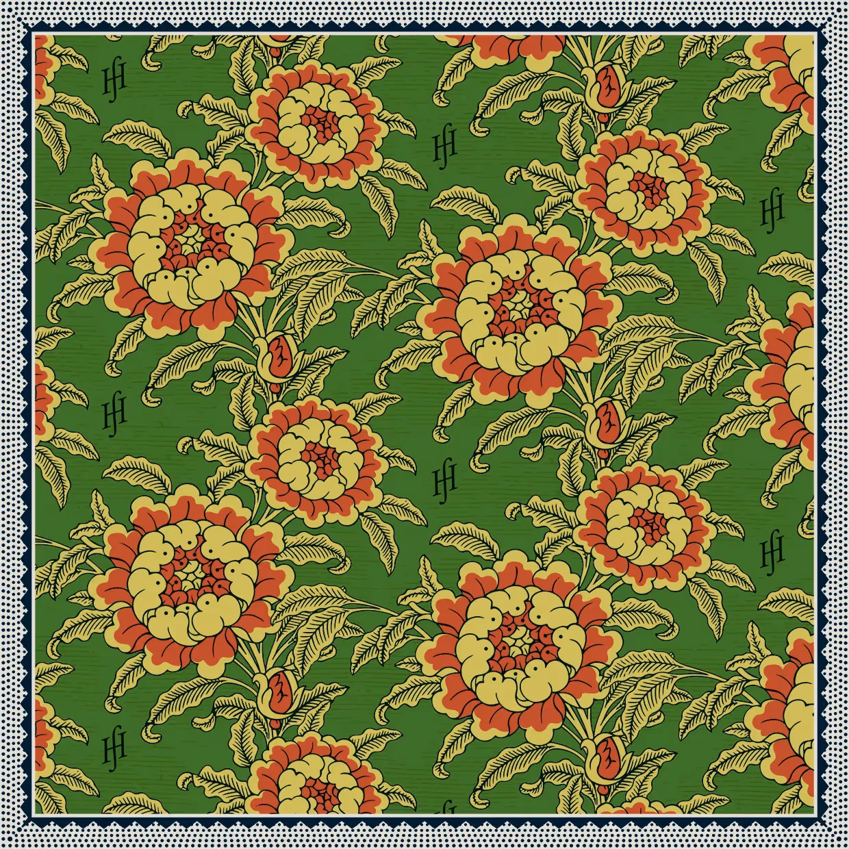 Florales Muster mit großen Blüten und Blättern in Rot, Gelb und Grün auf grünem Hintergrund