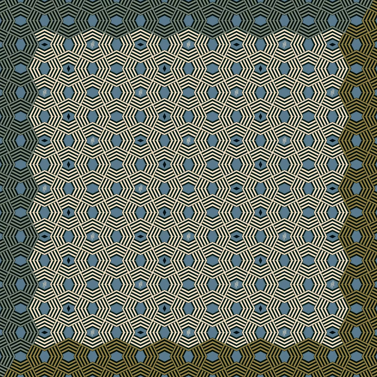 Feines geometrisches Muster aus kleinen, sich wiederholenden Formen in Blau und Beige