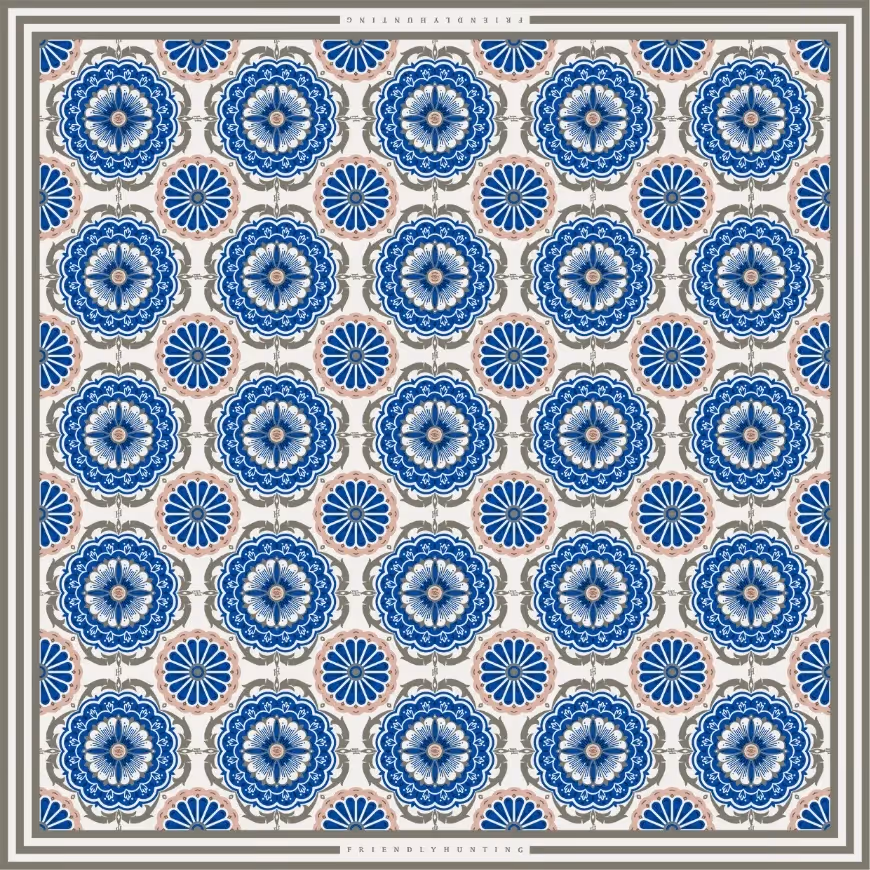 Geometrisches Muster aus kreisförmigen Ornamenten in Blau und Weiß