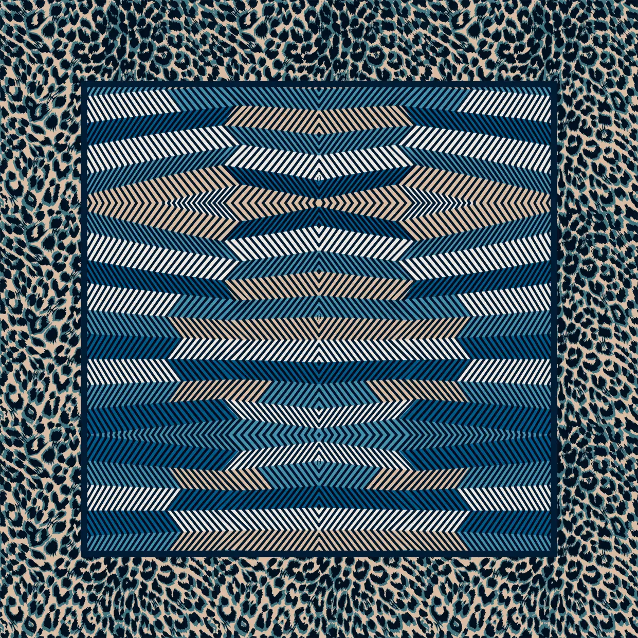 Zentrales geometrisches Muster in Blau, umrahmt von einem Leopardenmuster
