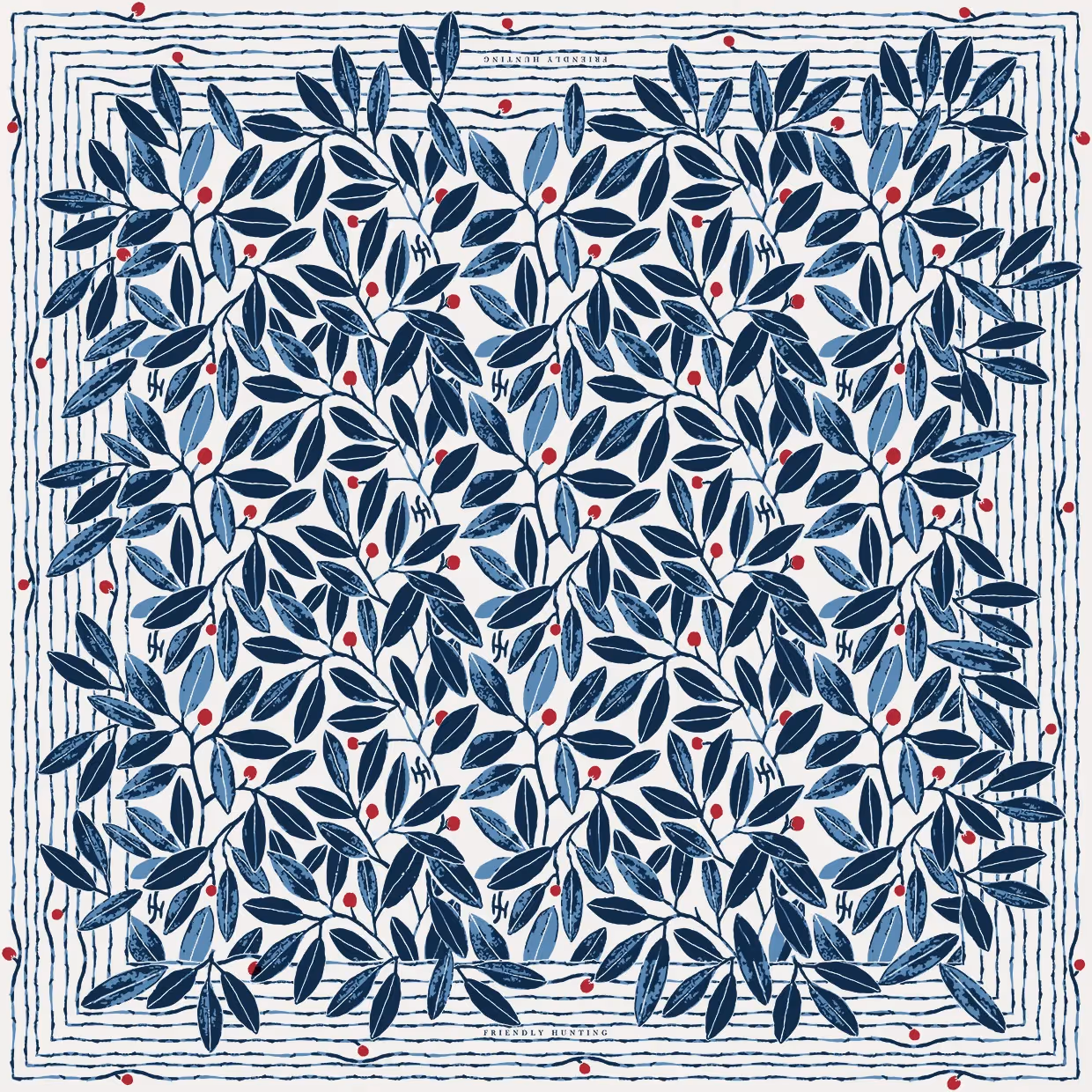 Florales Muster mit Blättern und kleinen roten Beeren in Blau-, Grau- und Weißtönen