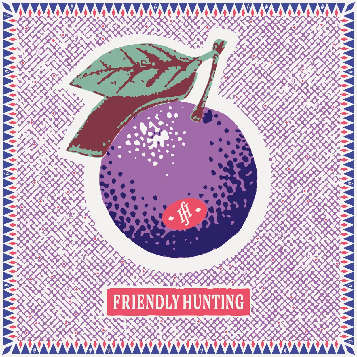Illustration einer violetten Frucht mit Blatt und Schriftzug auf gemustertem Hintergrund