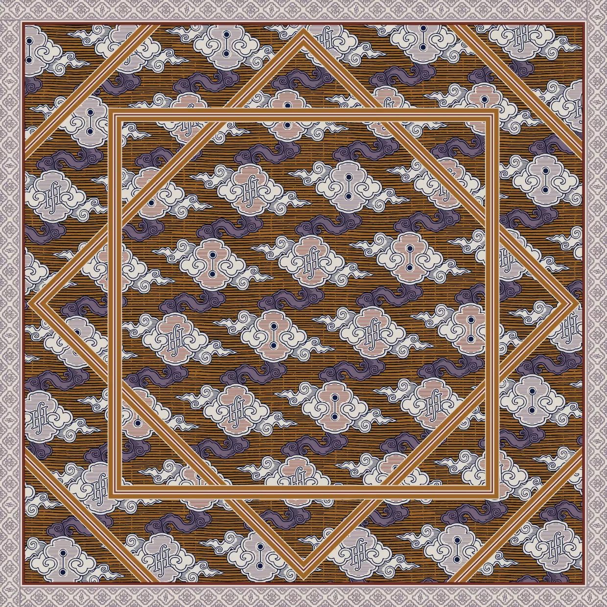 Geometrisches Muster mit verschachtelten Linien und kleinen Wolkenformen in Braun, Blau und Beige