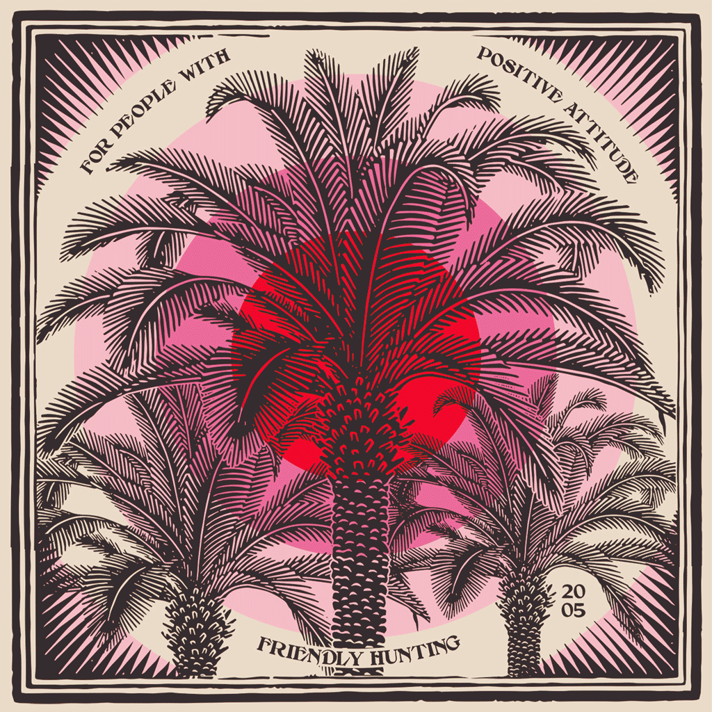 Illustration von Palmen mit Schrift und Rahmen in Lila- und Gelbtönen