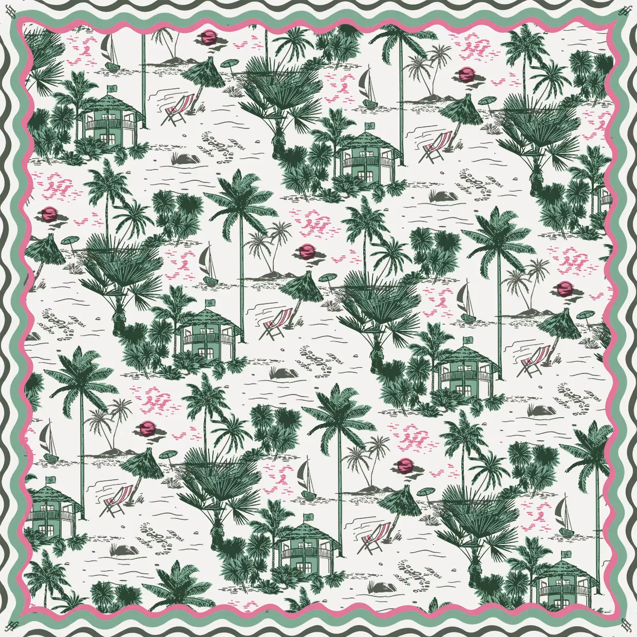 Grünes Muster mit Palmen, kleinen Gebäuden und Landschaftselementen auf hellem Hintergrund