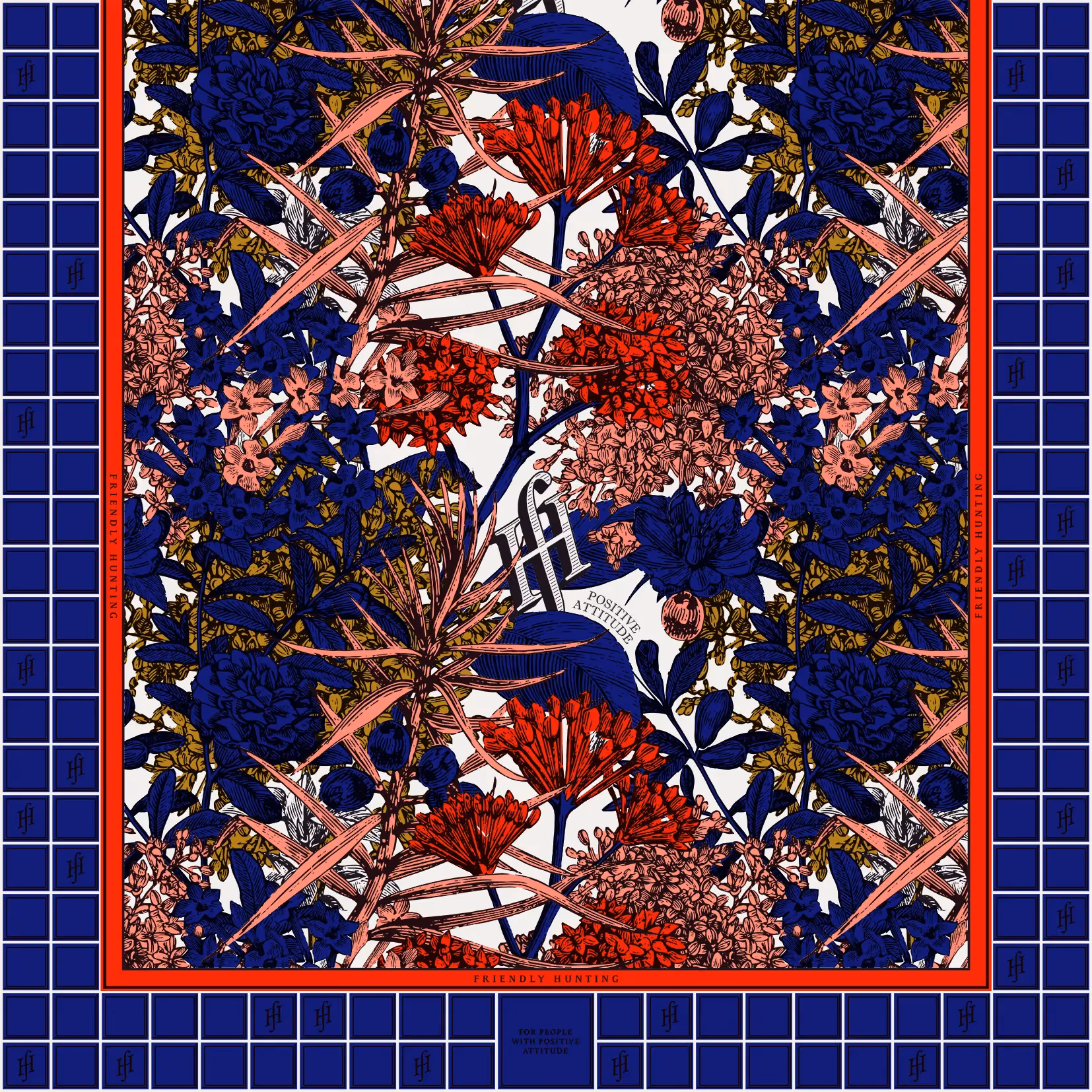 Dichtes florales Muster mit Blüten und Zweigen in Rot-, Blau- und Beigetönen mit Rahmen