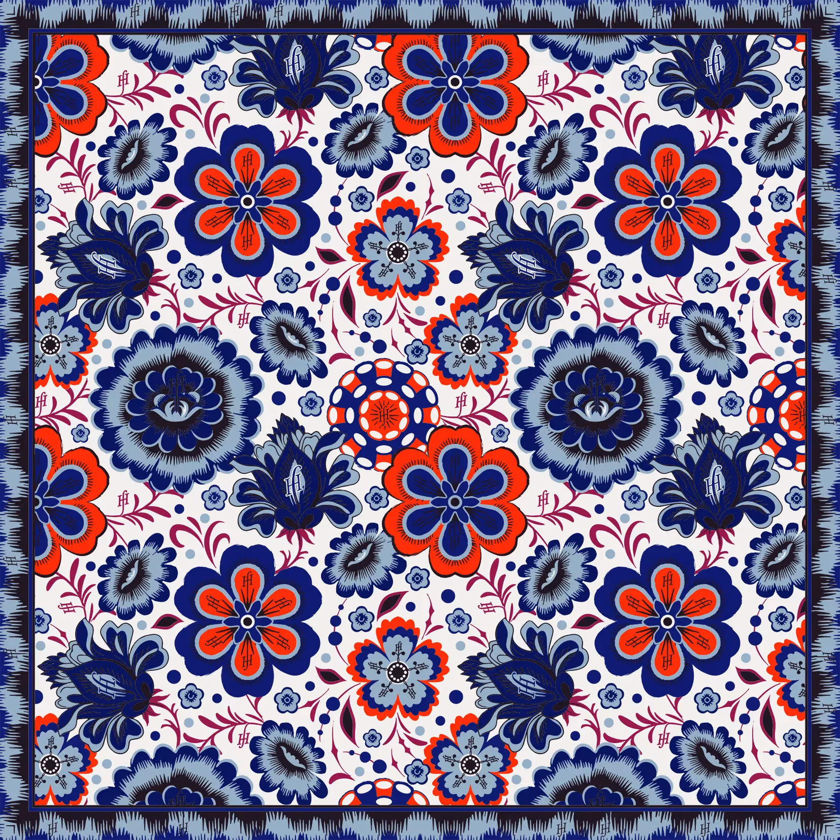 Florales Muster mit stilisierten Blumen in Rot, Blau und Weiß