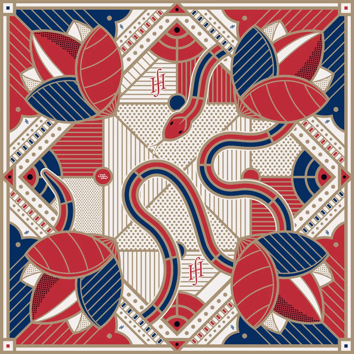 Geometrisches Muster mit stilisierten Blättern und Linien in Rot, Blau und Beige