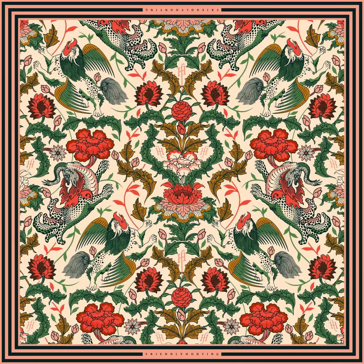 Florales Muster mit Vögeln, Blüten und Pflanzen in Grün, Rot und Beige