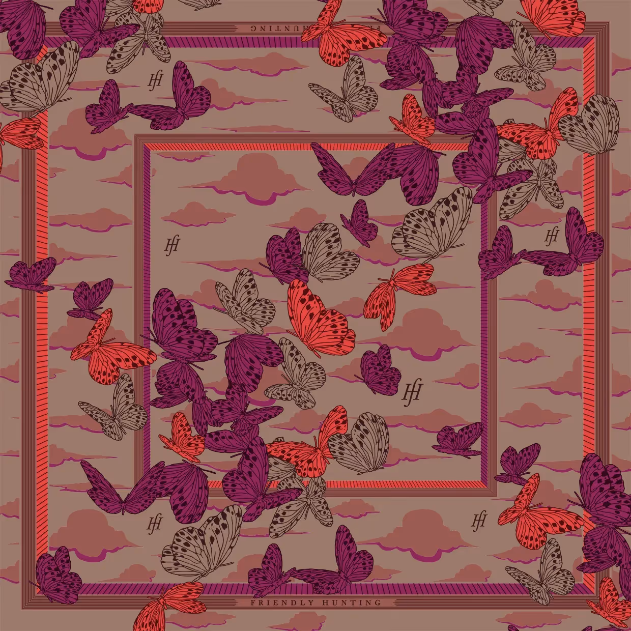 Muster mit Schmetterlingen und Wolkenformen in Rosa-, Rot- und Beigetönen