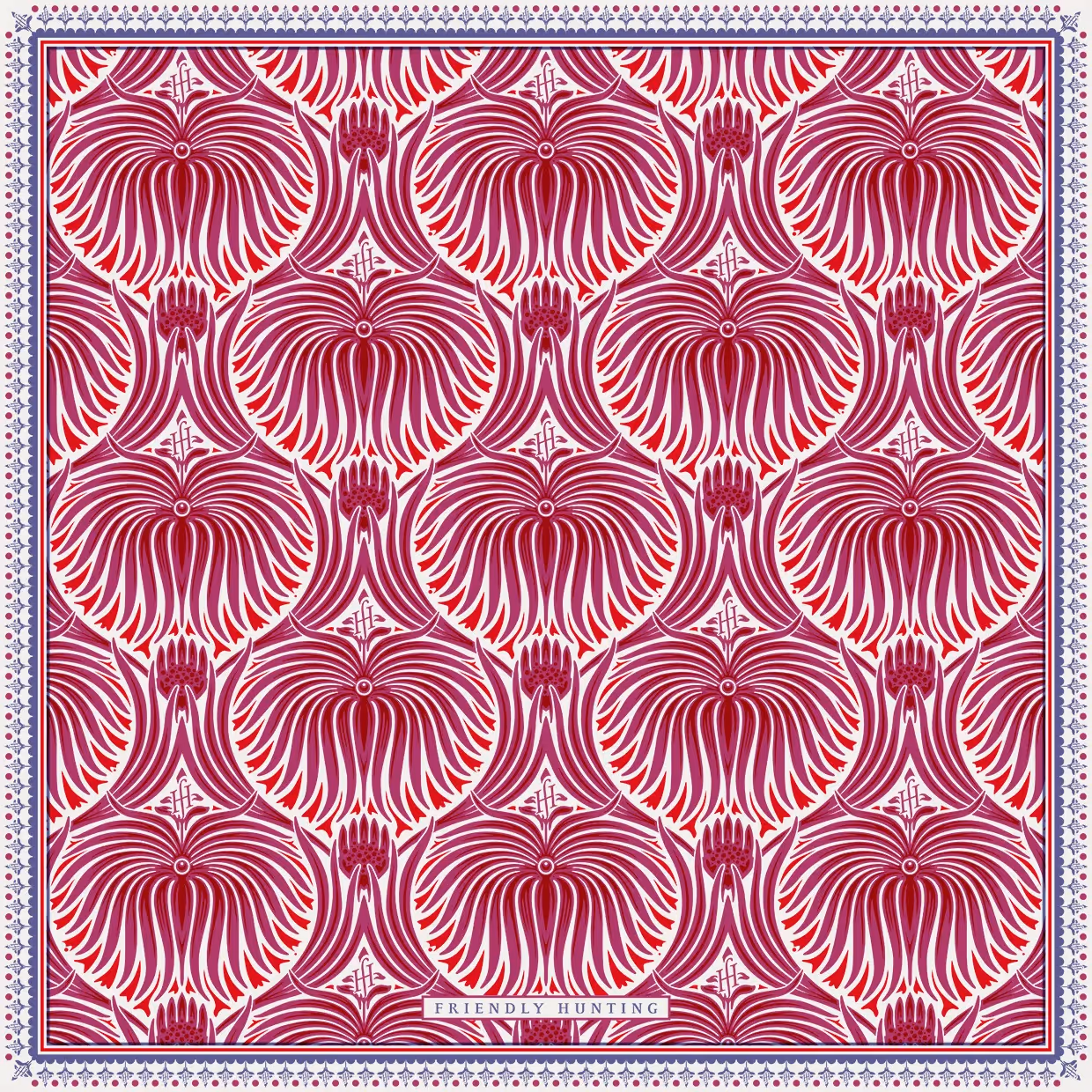 Wiederholendes Muster mit stilisierten Blütenformen in Rot und Weiß