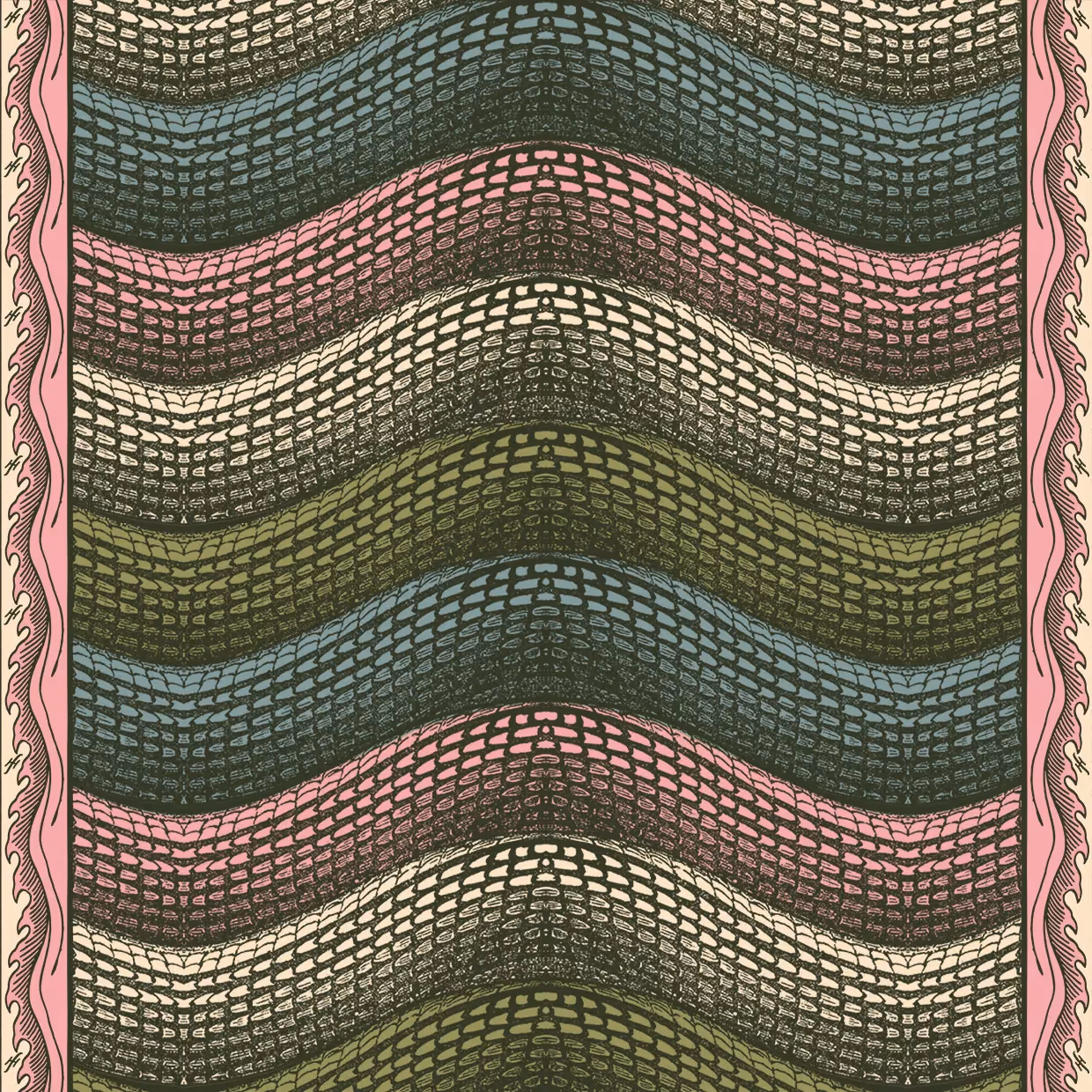 Wellenförmiges Muster mit geschichteten Linien in Grün-, Braun- und Rosatönen