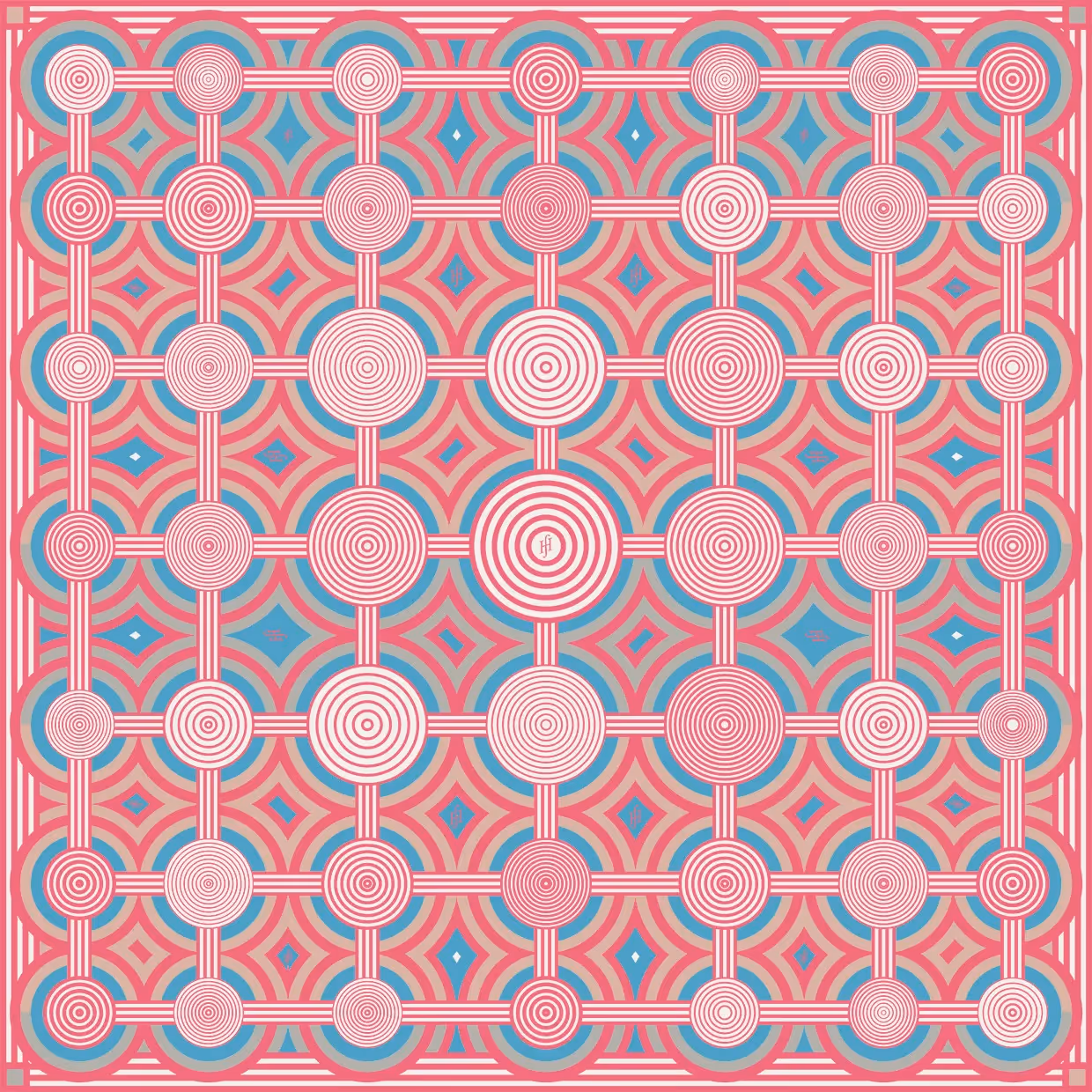 Geometrisches Muster mit Kreisen und Linien in Rosa und Blau