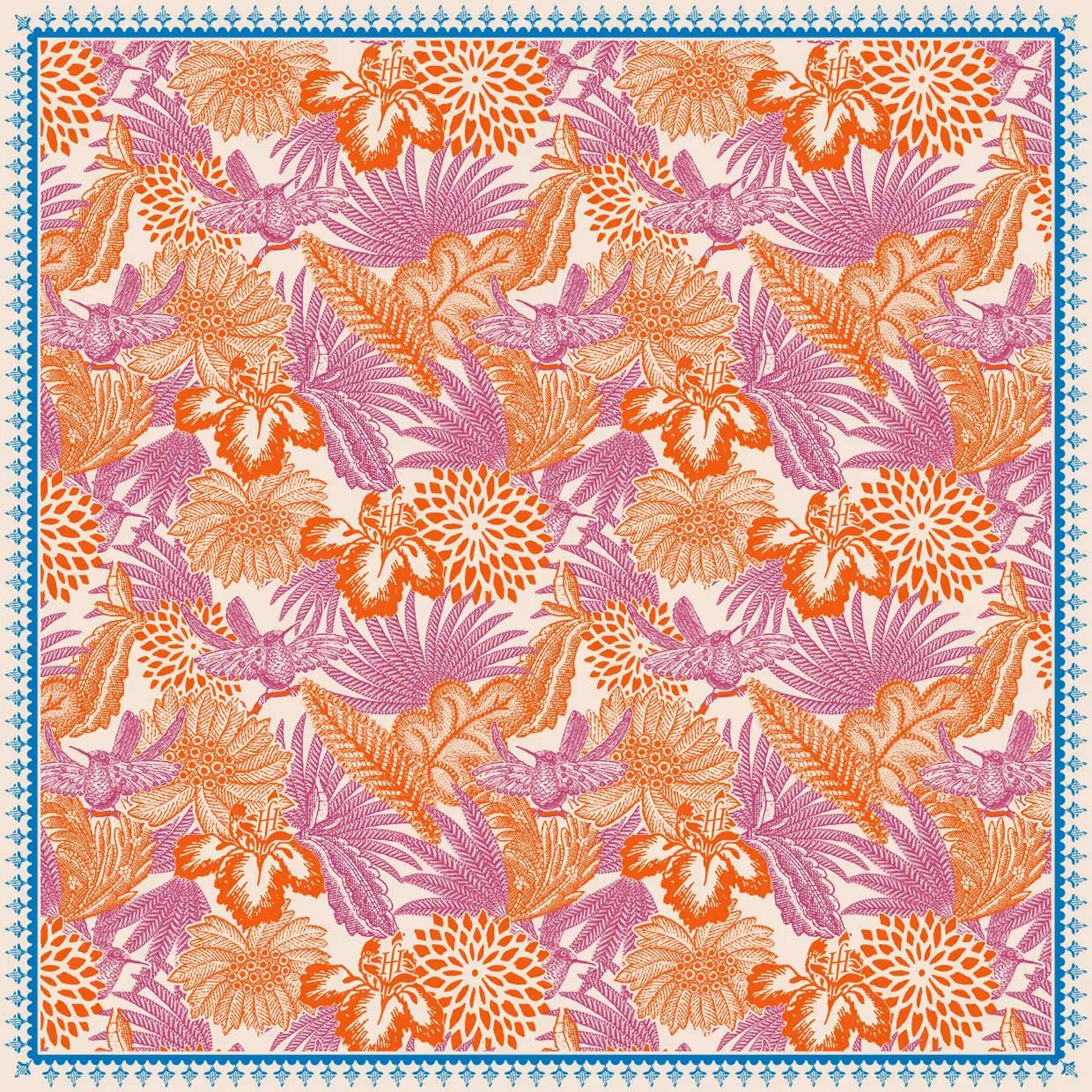 Florales Muster mit Blüten und Pflanzen in Orange, Rosa und Lila