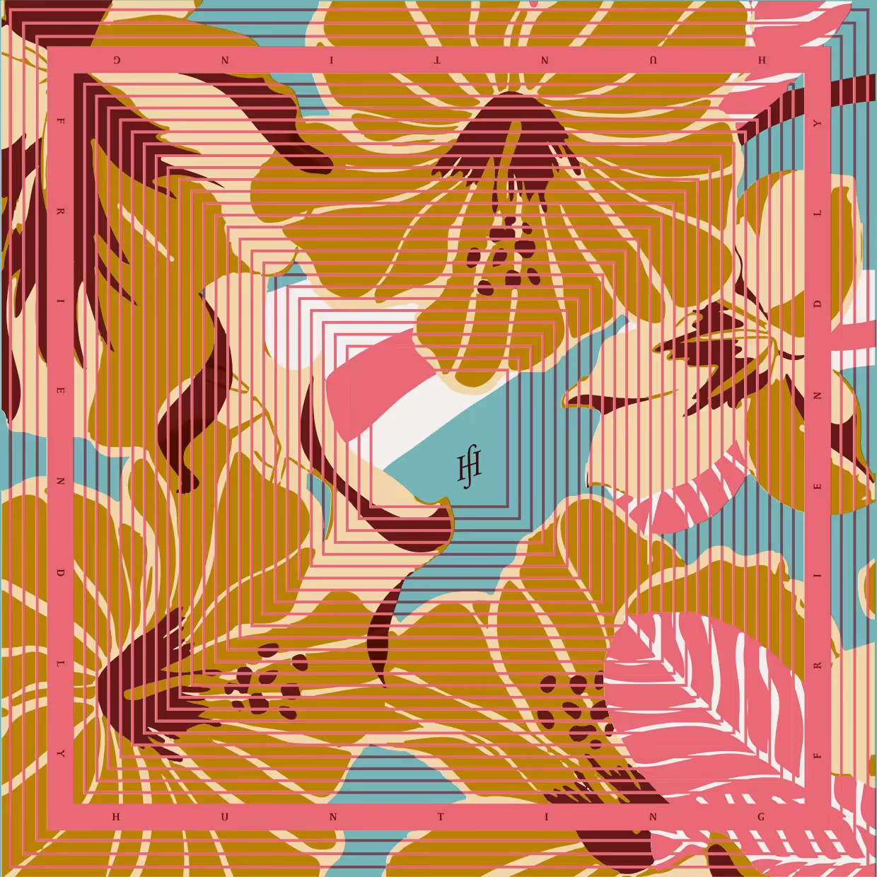 Abstrakte Komposition mit großen Blättern und geometrischen Formen in Grün, Rosa und Gelb