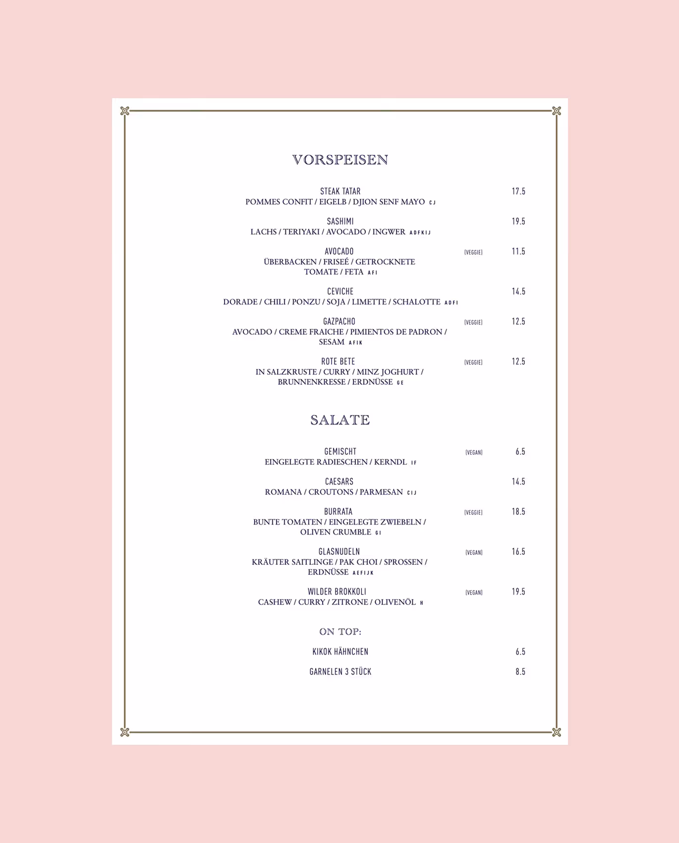 Menüseite mit typografischem Layout