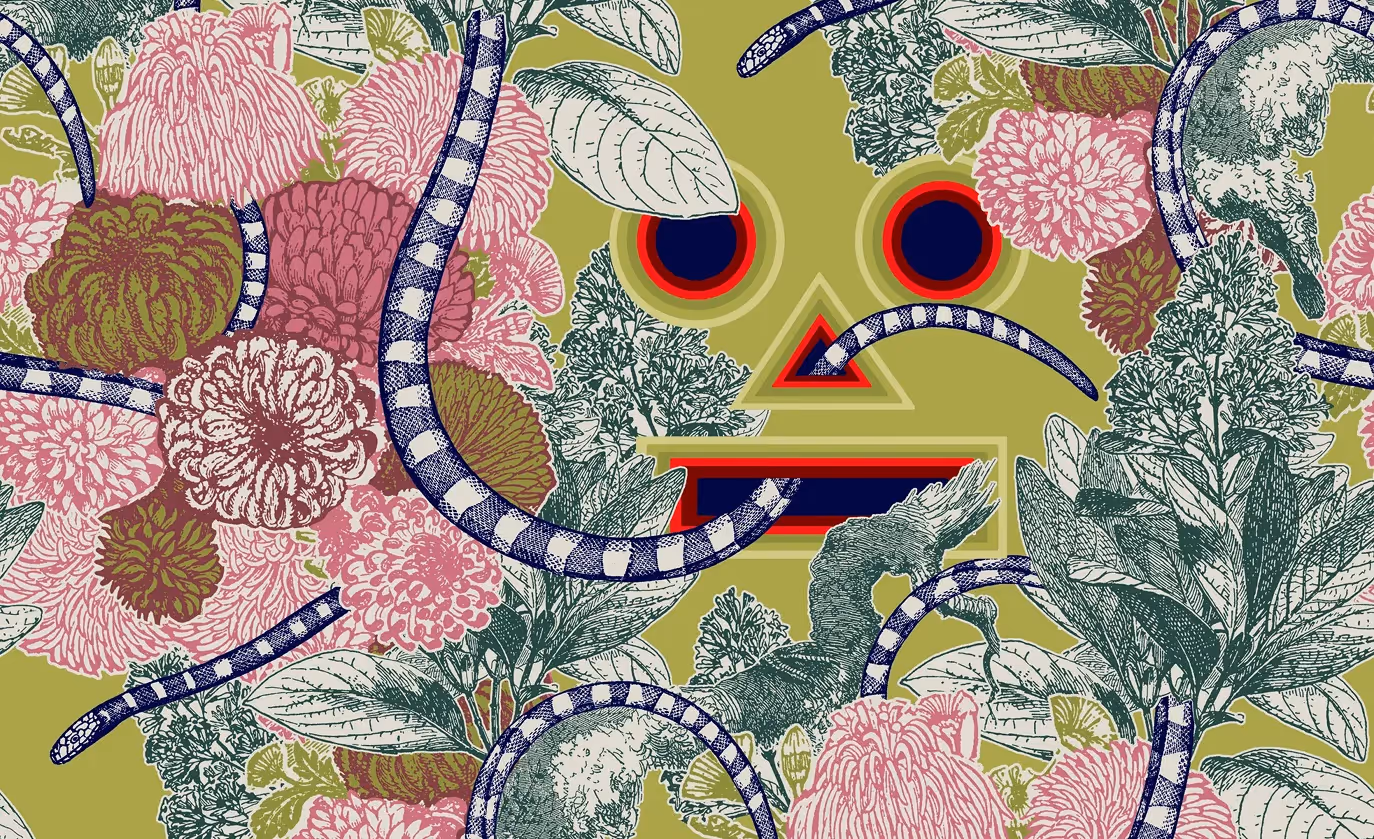 Großflächige Illustration mit Gesichtsmotiv auf farbigem Hintergrund