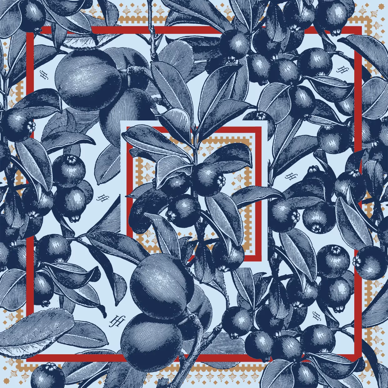 Illustration mit Früchten und Blättern in Blau- und Grautönen mit rotem Rahmen