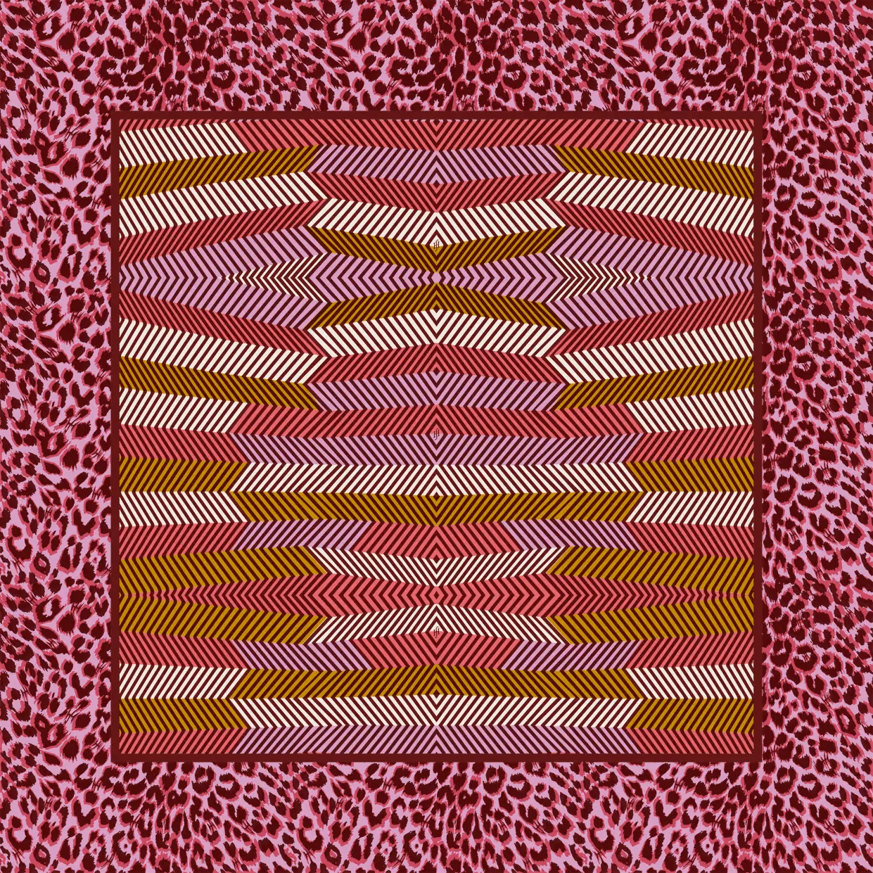 Geometrisches Muster mit horizontalen Linien in Rosa, Rot und Gelb, umrahmt von Leopardenmuster