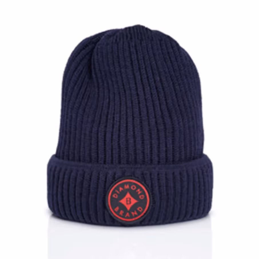 Dunkelblaue Strickmütze mit rundem Logo-Patch