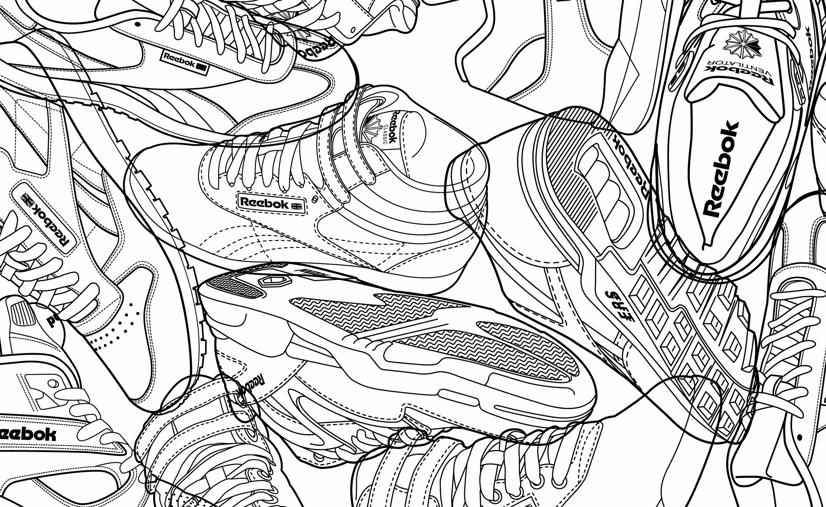 Schwarz-weiße Linienzeichnung mit verschiedenen Sportschuhen