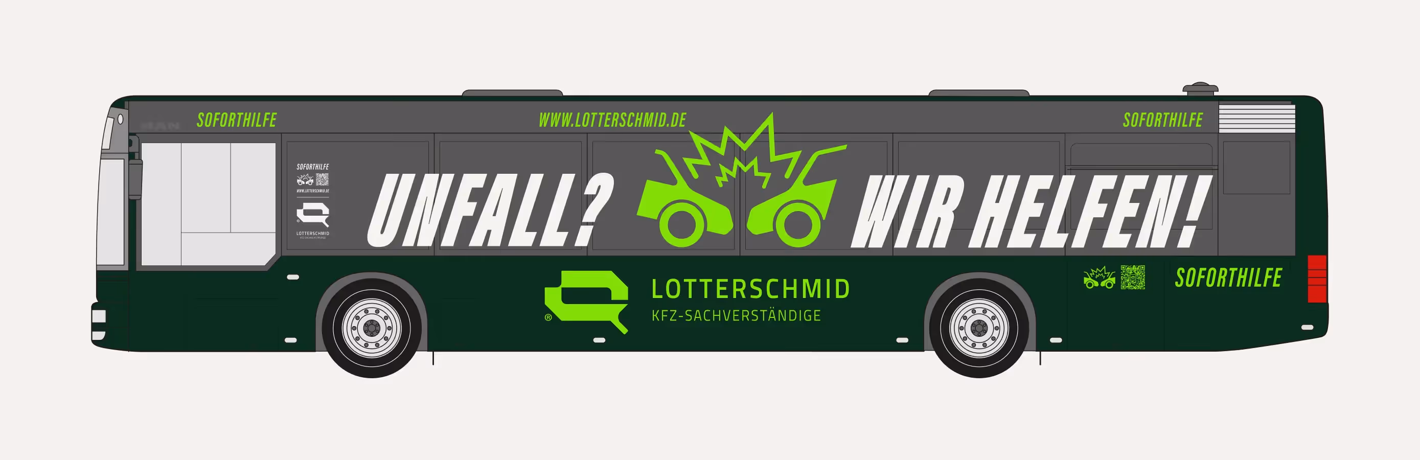 Linienbus mit großflächiger Beschriftung und Slogan