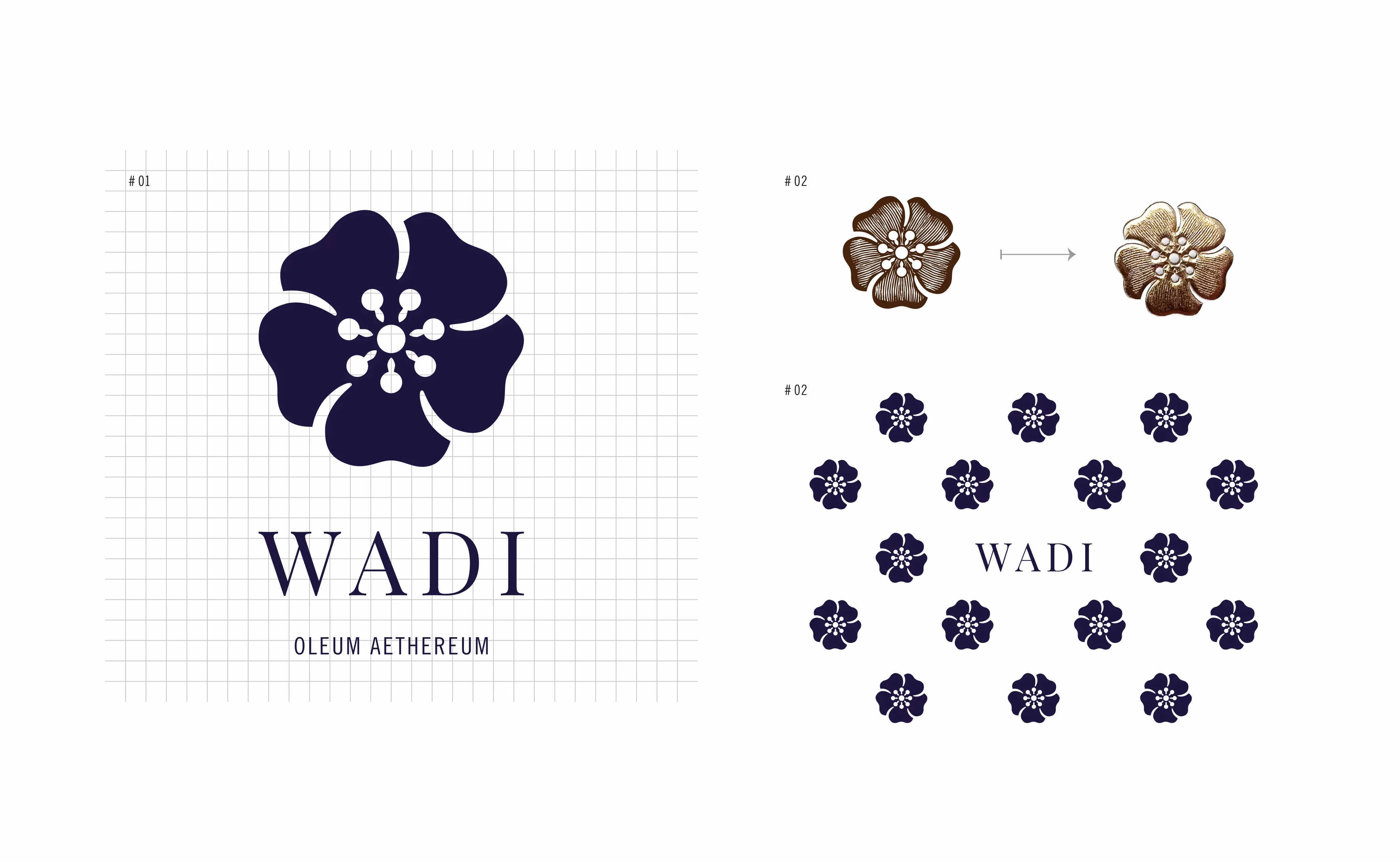 WADI Logo mit floraler Illustration sowie grafische Elemente und Musterübersicht