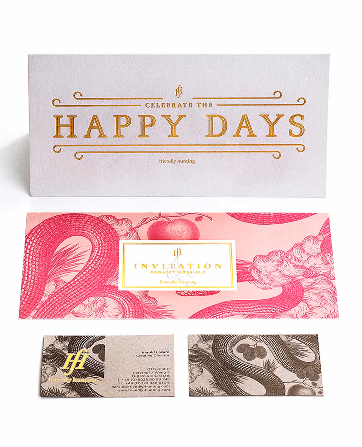 Übersicht mehrere friendly hunting Einladungen und Visitenkarten