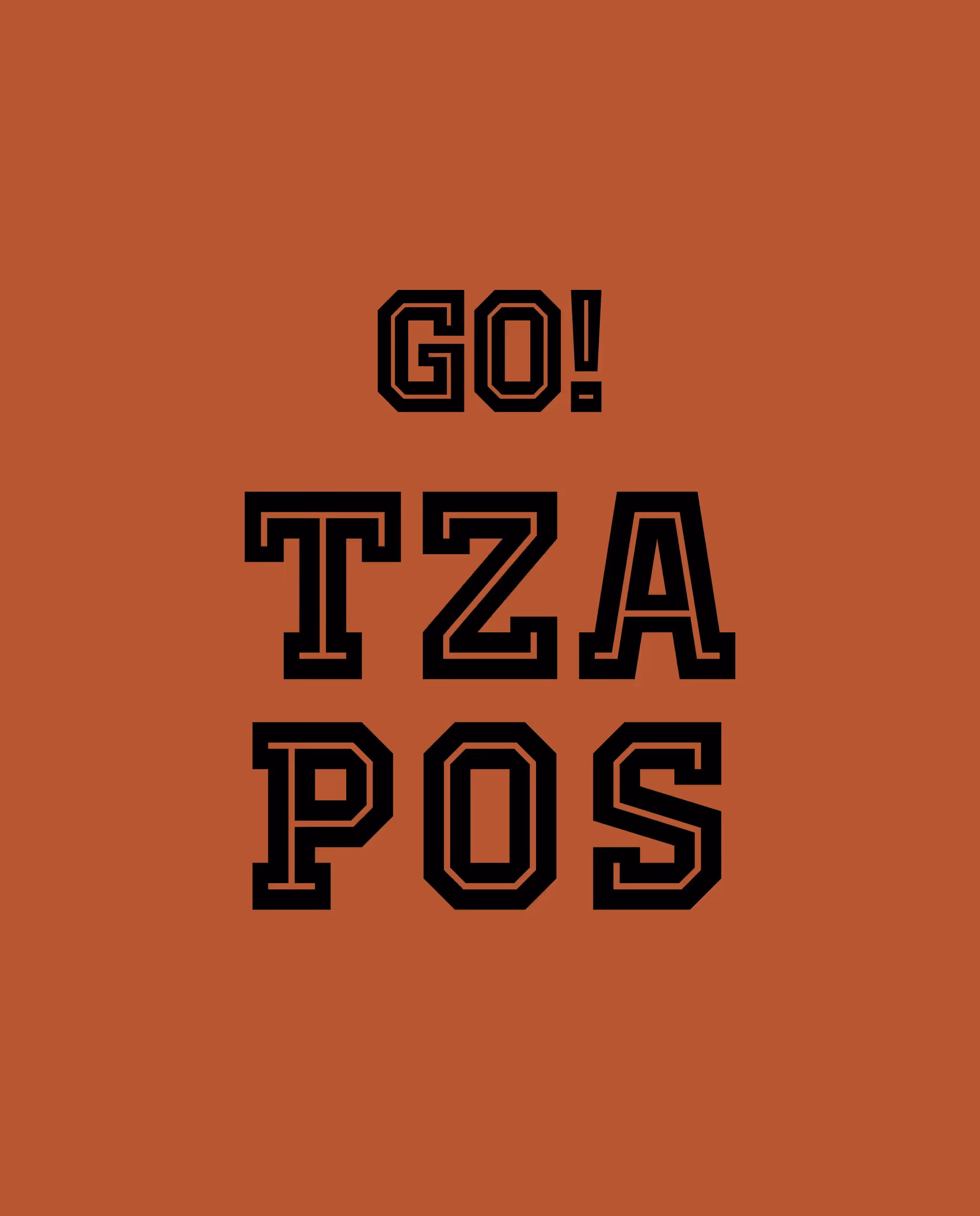 Groß gesetzte "Go Tzapos" Schrift auf orangem Hintergrund