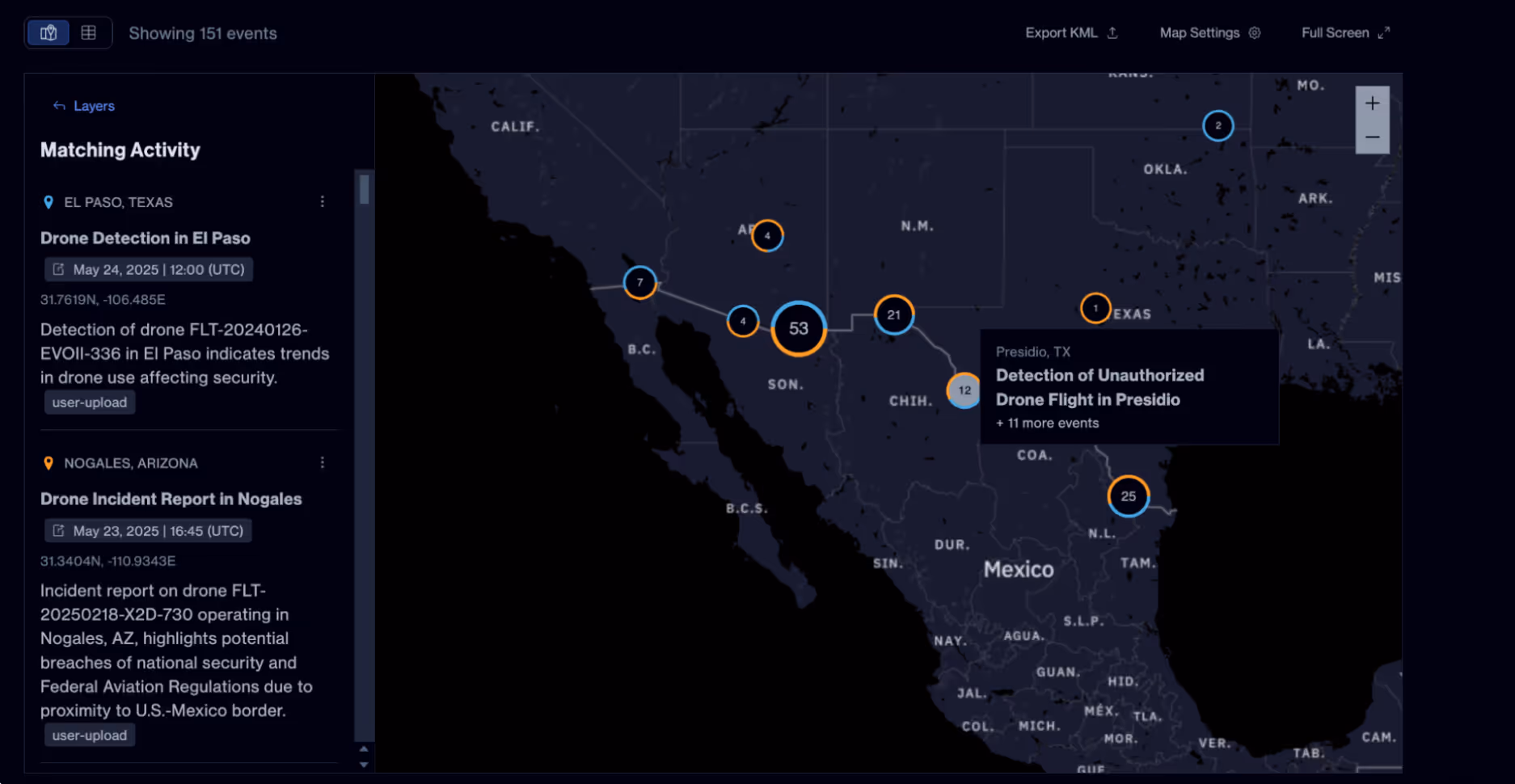 Dark-themed US-Mexico border map showing drone-related event clusters with details for incidents in El Paso, Texas and Nogales, Arizona on the left.