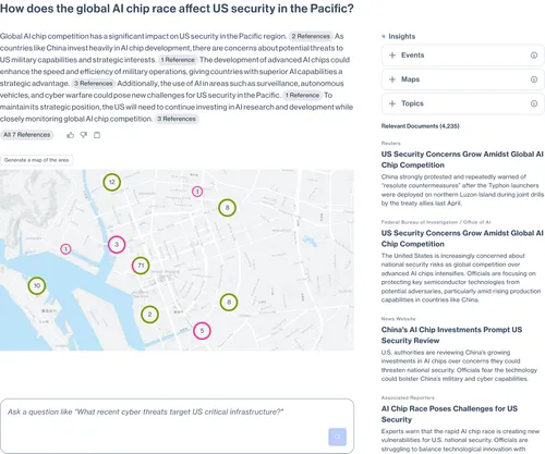 Webpage discussing the impact of the global AI chip race on US security in the Pacific, featuring a text summary, an interactive map with numbered locations, and a sidebar with insights and relevant document titles.