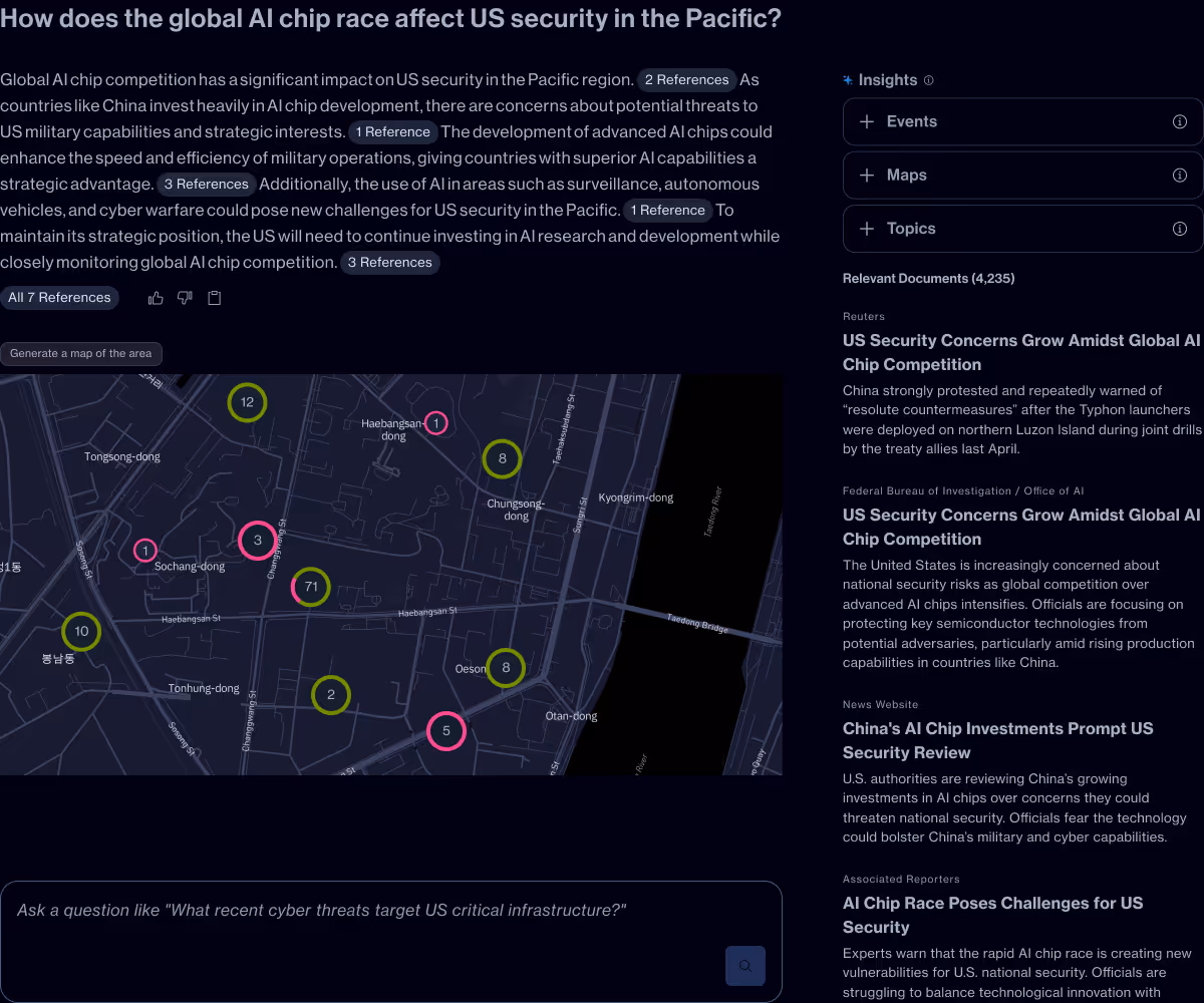 Dashboard showing a dark-themed interface with text about global AI chip competition's impact on US Pacific security, a map with numbered clusters, and a sidebar listing related news articles on US security concerns and AI chip investments.