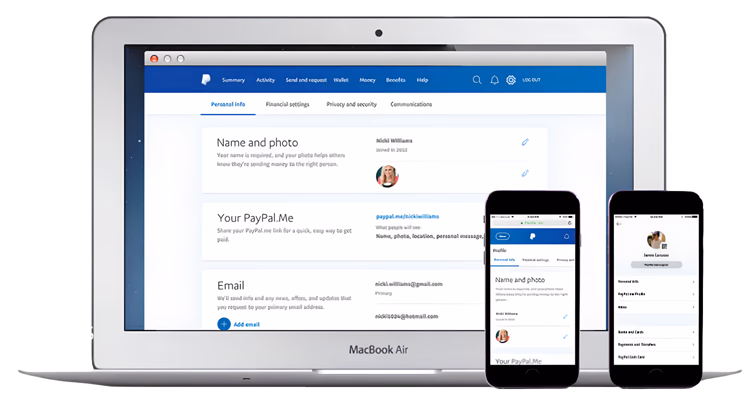 MacBook Air displaying a PayPal account settings page alongside two smartphones showing related PayPal app screens.