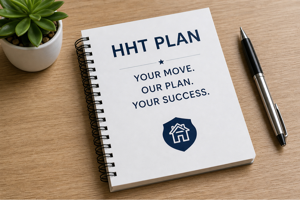Spiral notebook titled 'HHT PLAN' with text 'Your move. Our plan. Your success.' beside a pen and plant.