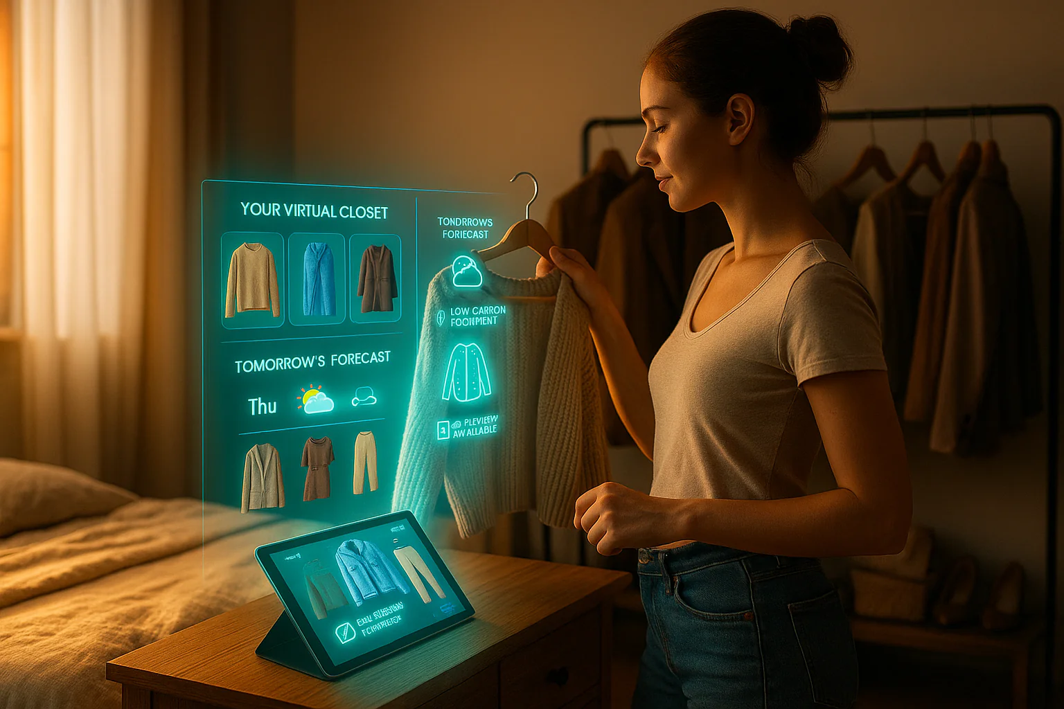 A woman in a softly lit bedroom stands beside a tablet projecting the Agentic AI Fashion App. She holds up clothing while a glowing holographic interface displays her virtual closet, weather-based outfit suggestions, and tags like “Low Carbon Footprint” and “AR Preview Available.” Warm sunlight blends with cool digital light.