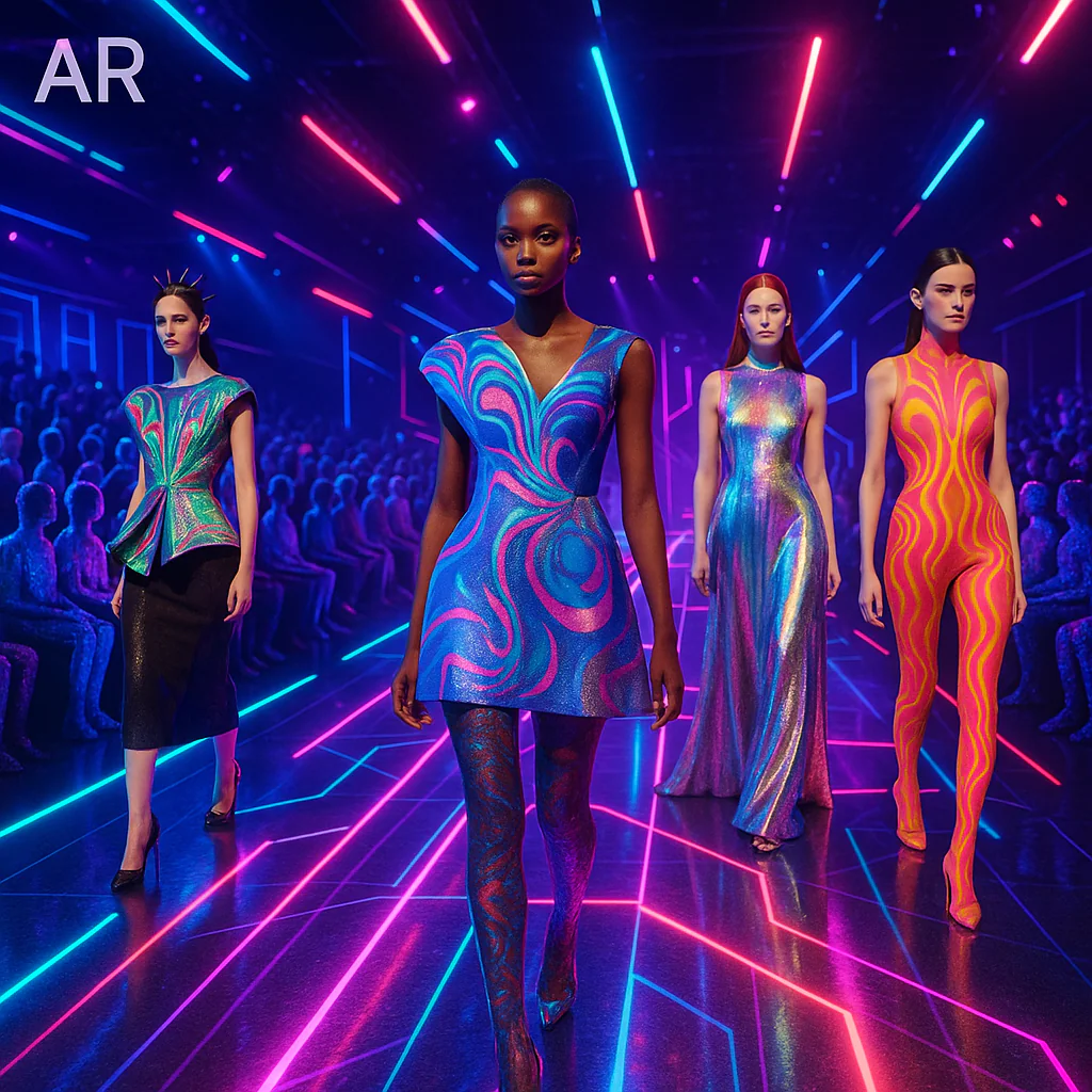 An augmented reality preview of a virtual fashion show with models wearing AI-designed outfits.