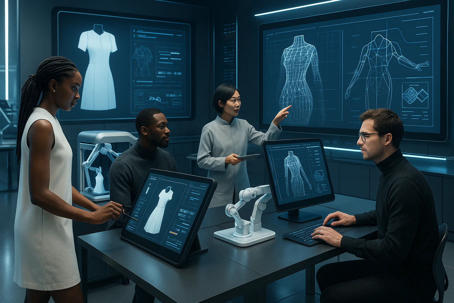 Designers collaborating with agentic AI tools in a futuristic fashion lab, using digital garment simulations and automated design systems.