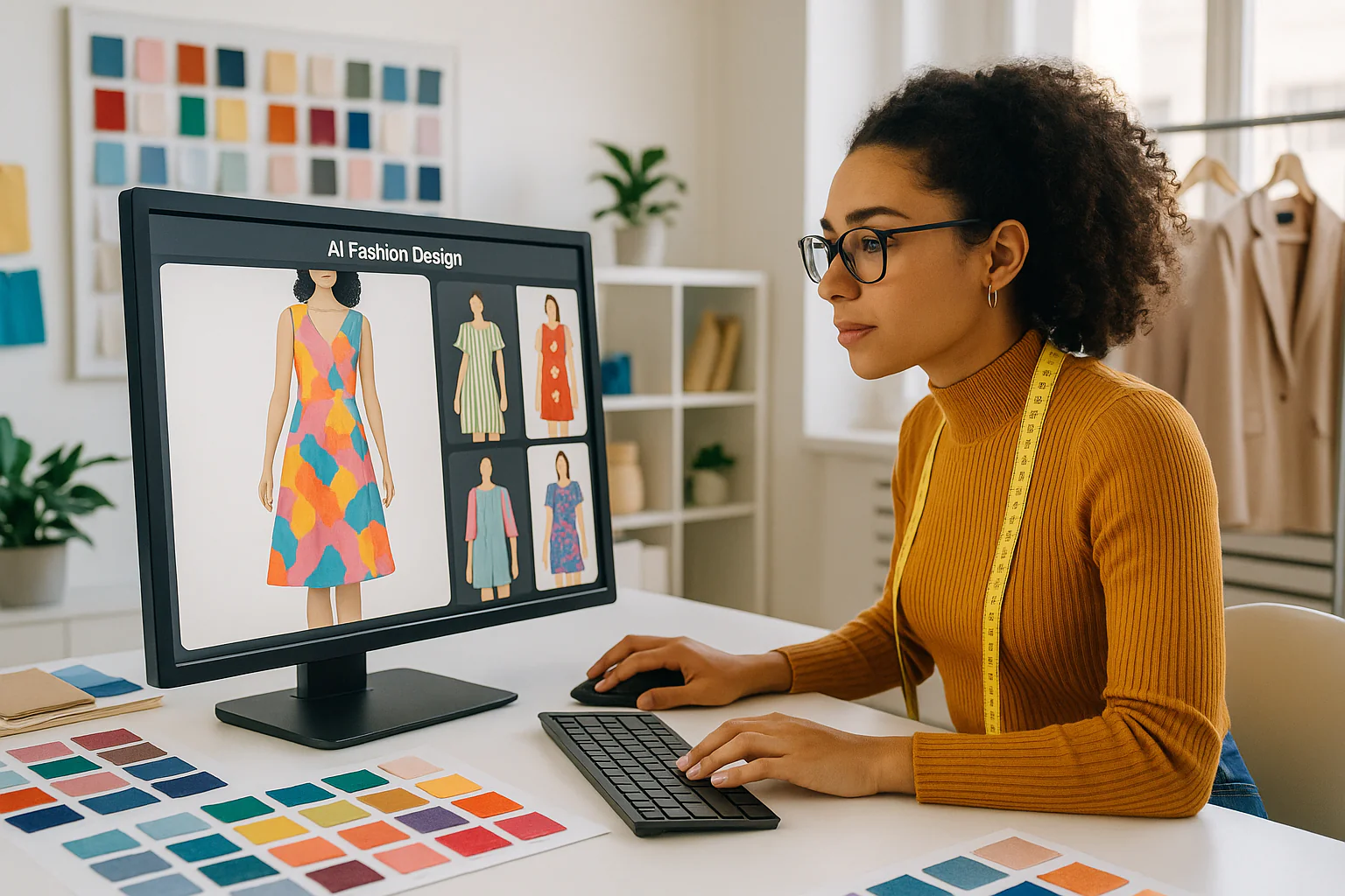 Fashion designer using AI-powered software to create colorful dress designs and explore fabric options on screen.