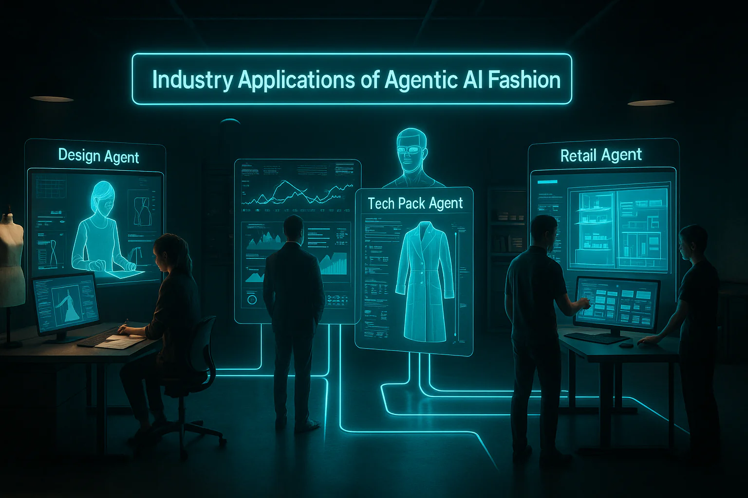A futuristic fashion technology lab with four illuminated digital workstations labeled "Design Agent," "Demand Agent," "Tech Pack Agent," and "Retail Agent." Each station features a glowing holographic interface where professionals interact with AI-generated garment designs, trend forecasts, technical specifications, and store layouts. A large neon sign overhead reads "Industry Applications of Agentic AI Fashion."